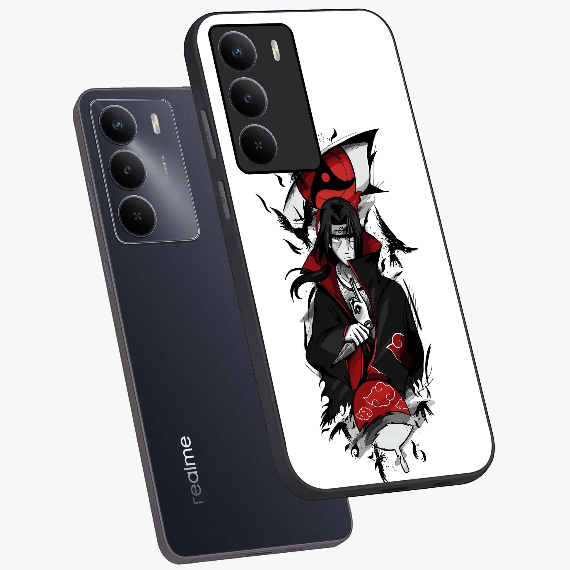 Itachi Limited Edition Naruto Anime Glass Case displayed in angled mockup highlighting dramatic anime illustration with bold action aesthetic.