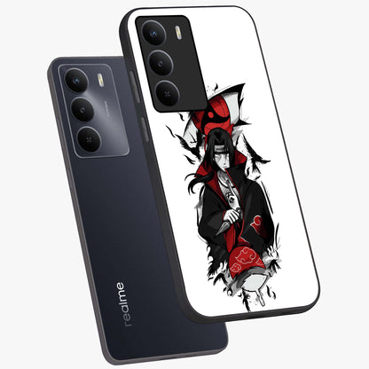 Itachi Limited Edition Naruto Anime Glass Case displayed in angled mockup highlighting dramatic anime illustration with bold action aesthetic.