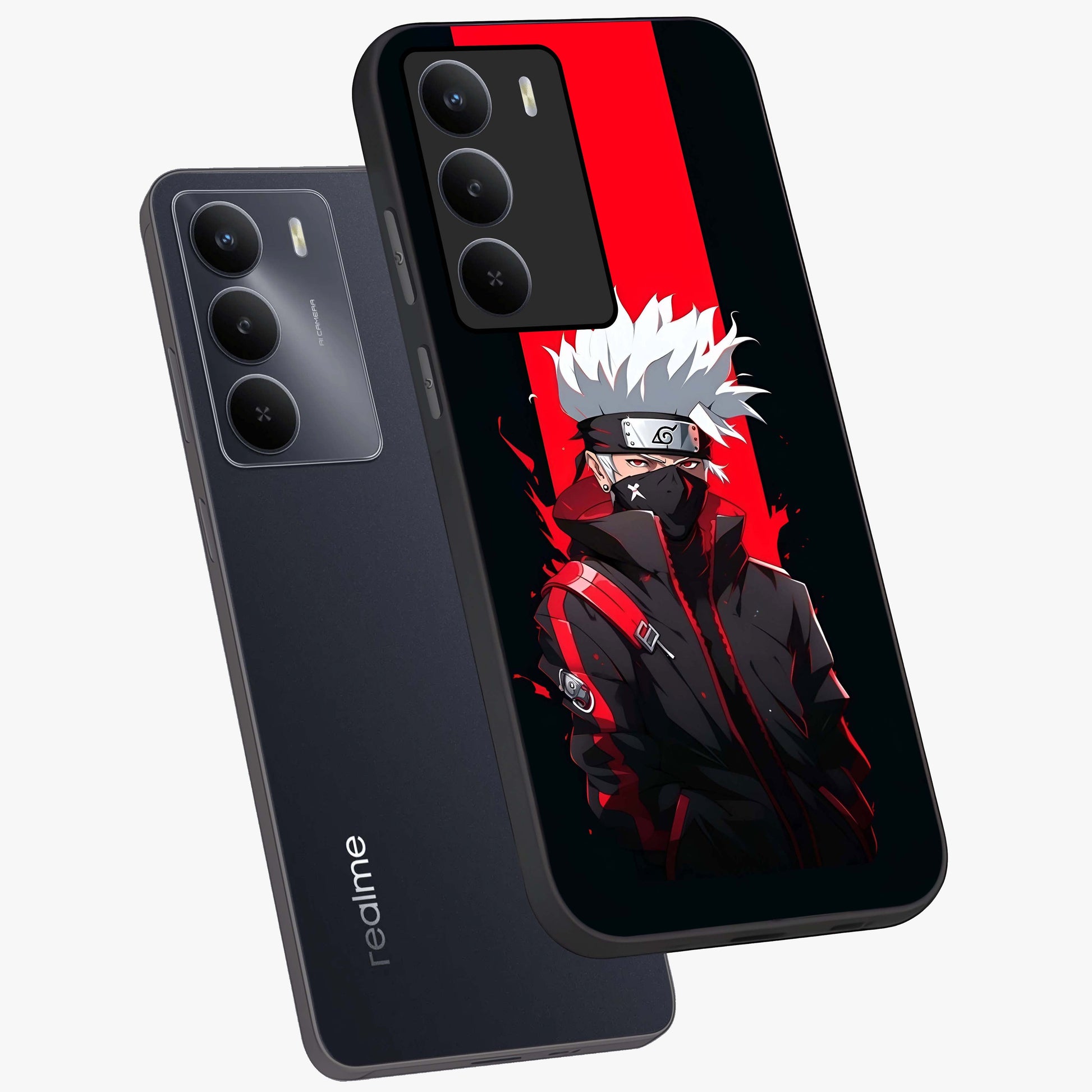 Kakashi Scarlet Shadow Glass Case displayed in angled mockup highlighting dramatic ninja illustration with scarlet themed aesthetic.