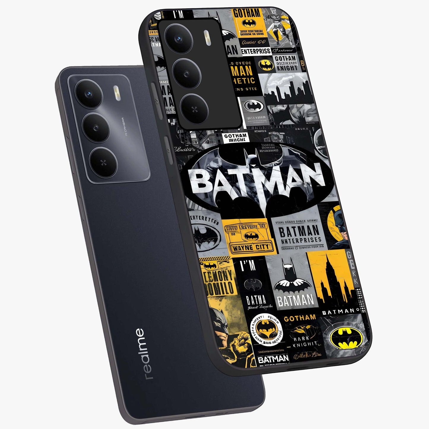 Knight Gotham Rise Glass Case displayed in angled mockup highlighting powerful knight silhouette design with dramatic aesthetic.