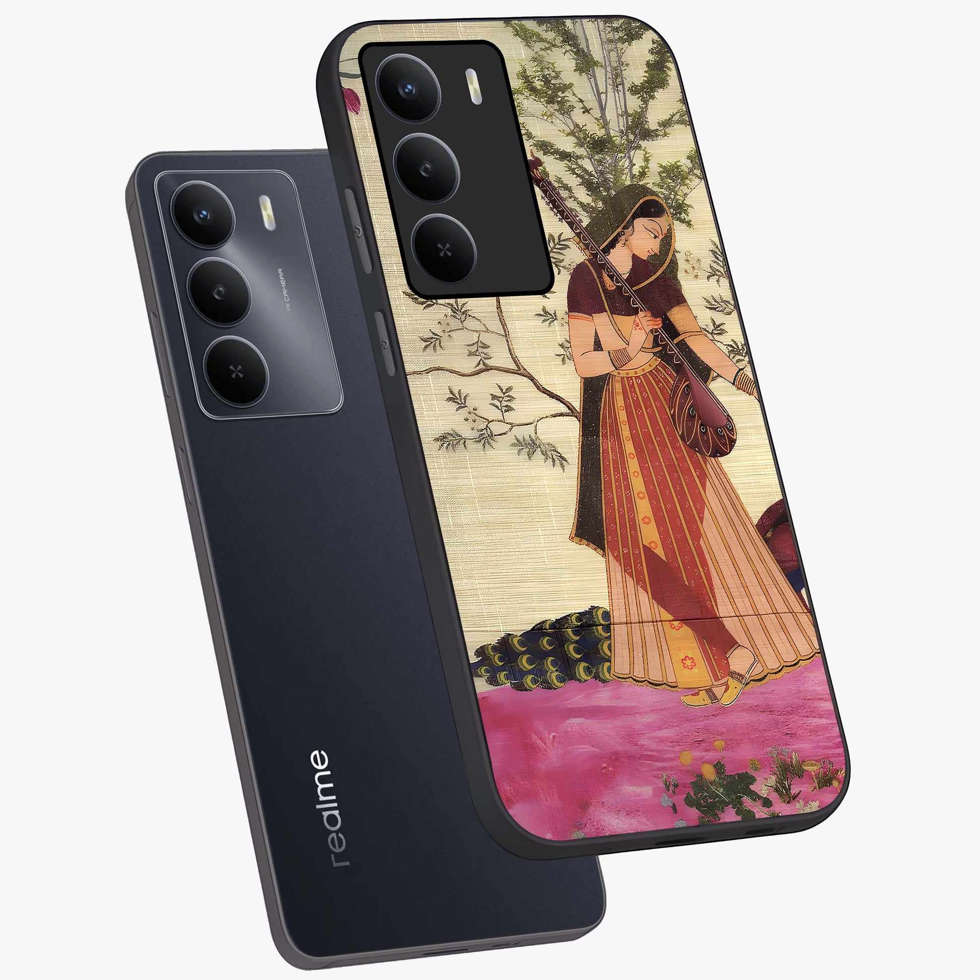 Lady With Veena Art Glass Case displayed in angled mockup highlighting graceful musical illustration with cultural artistic aesthetic.