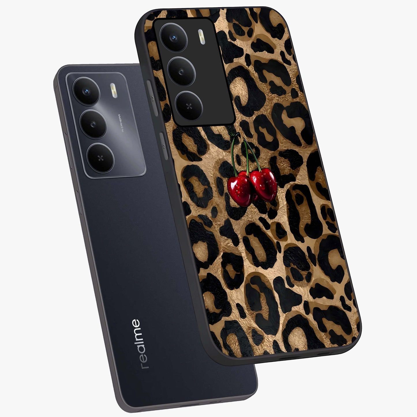 Leopard Wild Cherry Glass Case displayed in angled mockup highlighting bold animal print design with playful cherry aesthetic.