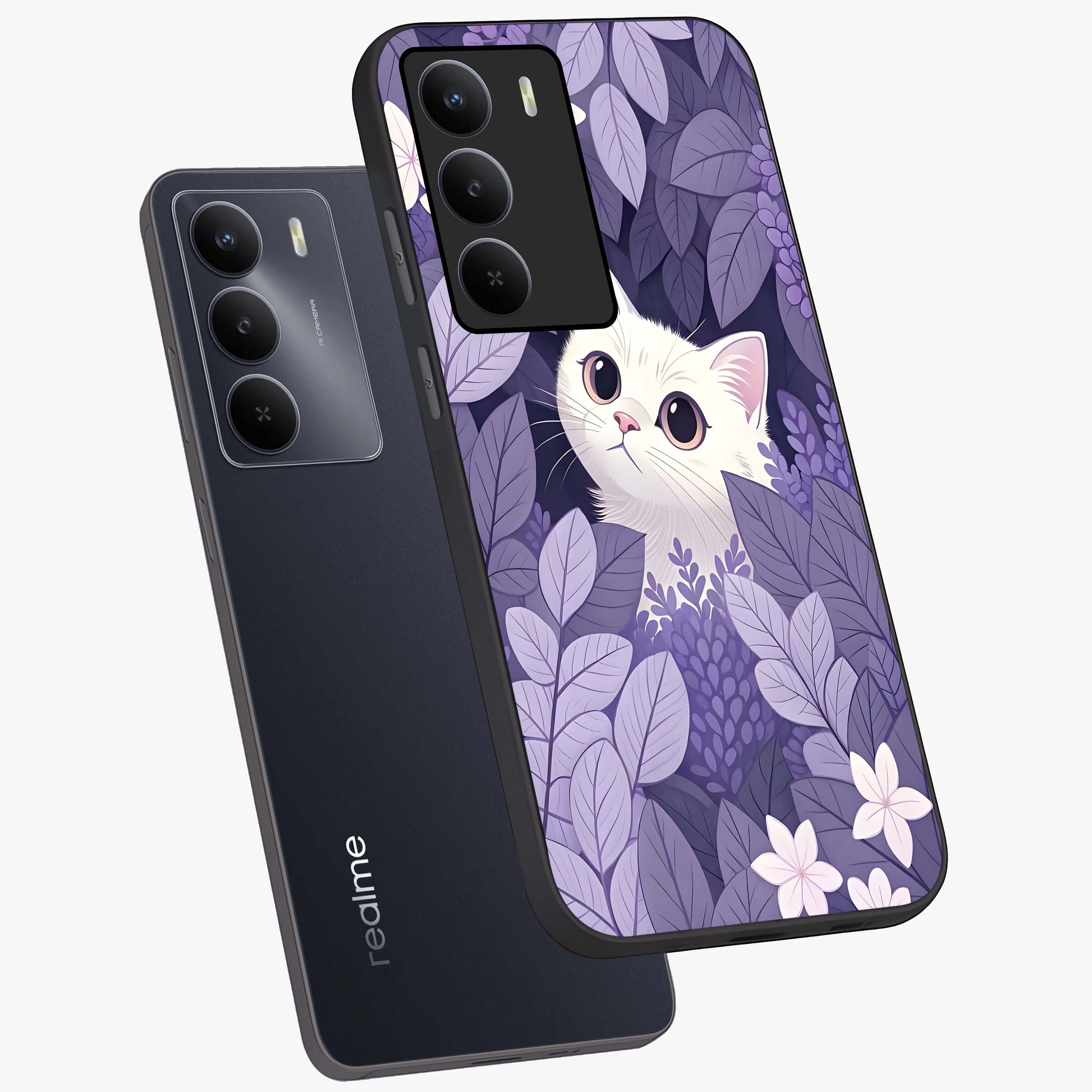 Lilac Hide Peek Cat Glass Case displayed in angled mockup highlighting playful feline illustration with lilac aesthetic design.