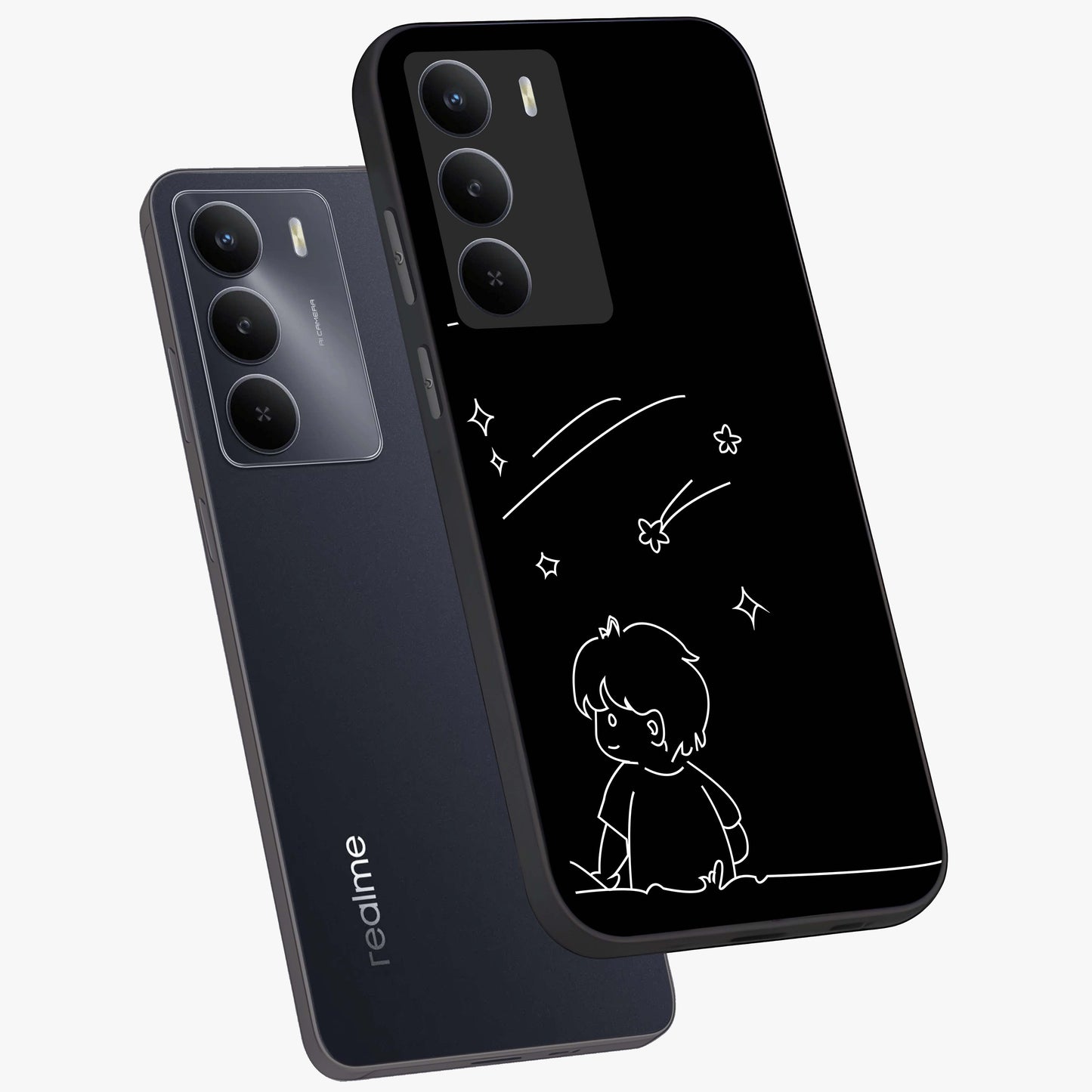 Line Art Boy With Shooting Stars Glass Case displayed in angled mockup highlighting elegant line art design with dreamy star aesthetic.