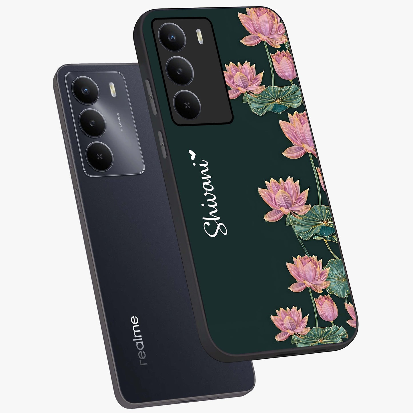 Lotus Bloom Serenity Custom Name Glass Case displayed in angled mockup highlighting graceful lotus illustration with custom name feature.