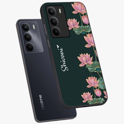 Lotus Bloom Serenity Custom Name Glass Case displayed in angled mockup highlighting graceful lotus illustration with custom name feature.