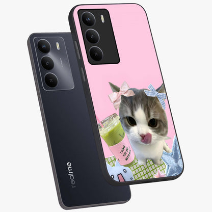 Love Matcha Cat Glass Case displayed in angled mockup highlighting playful feline illustration with cozy matcha aesthetic.