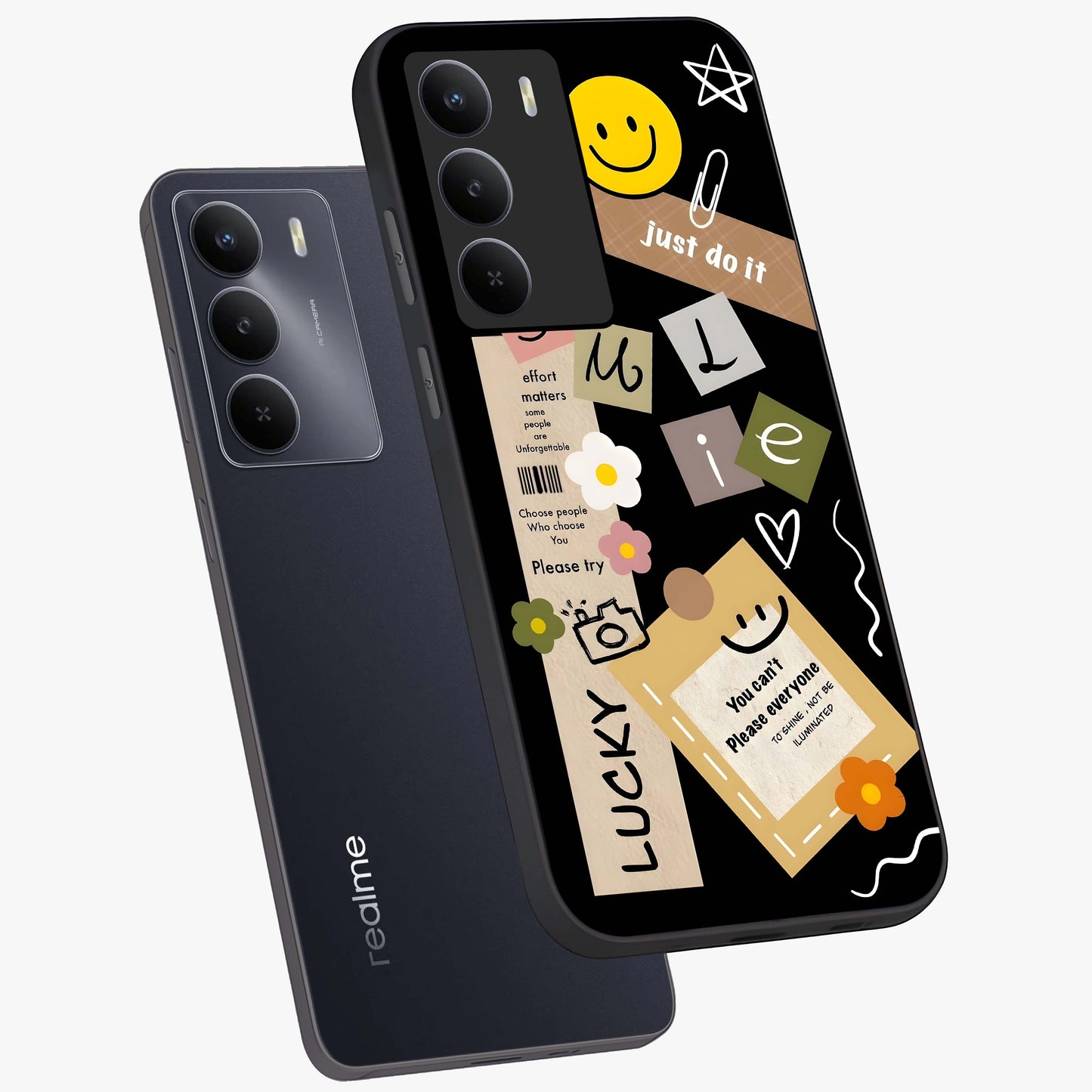 Lucky Aesthetic Collage Glass Case displayed in angled mockup highlighting stylish collage pattern with modern aesthetic vibe.