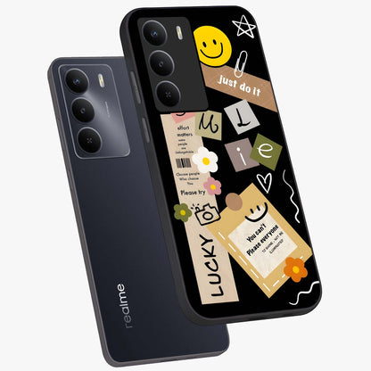Lucky Aesthetic Collage Glass Case displayed in angled mockup highlighting stylish collage pattern with modern aesthetic vibe.
