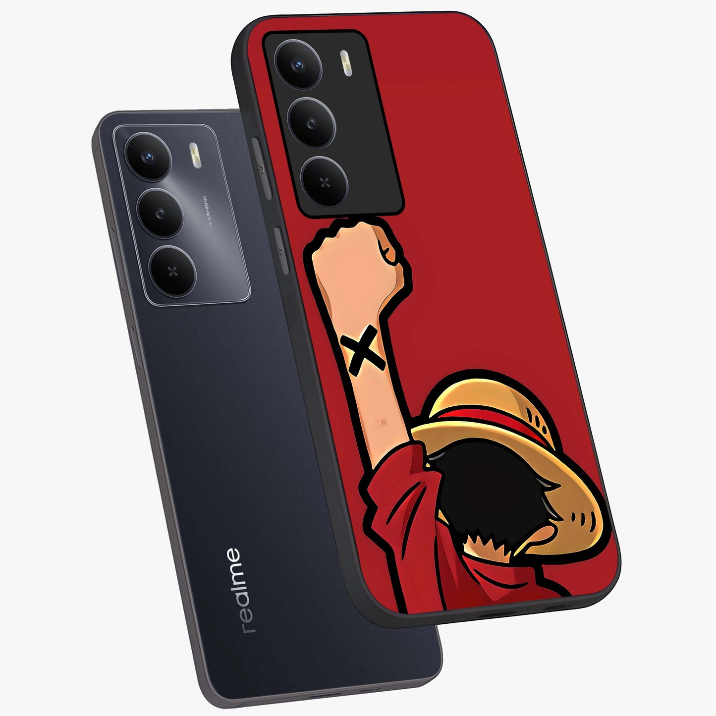 Luffy X Spirit Glass Case displayed in angled mockup highlighting powerful anime design with energetic action aesthetic.