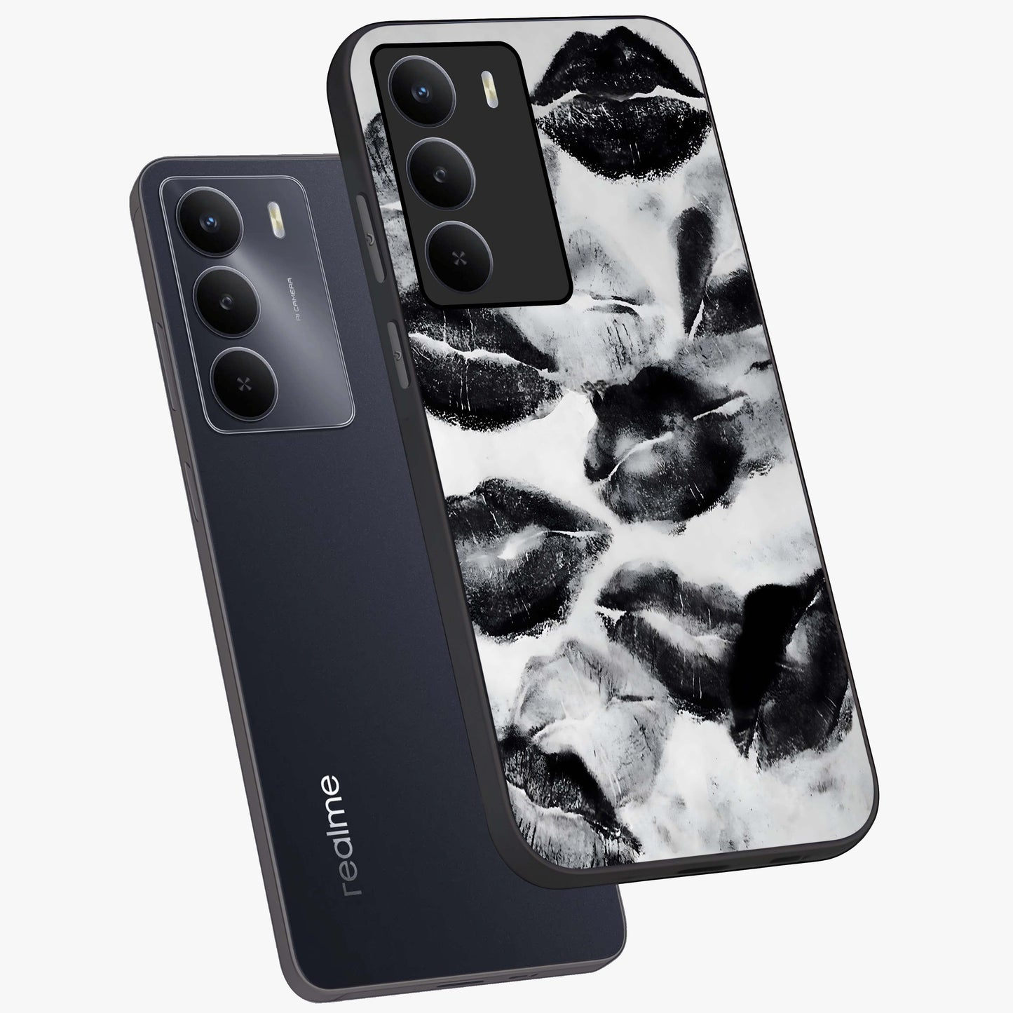Midnight Kiss Marks Glass Case displayed in angled mockup highlighting playful romantic design with bold midnight aesthetic.