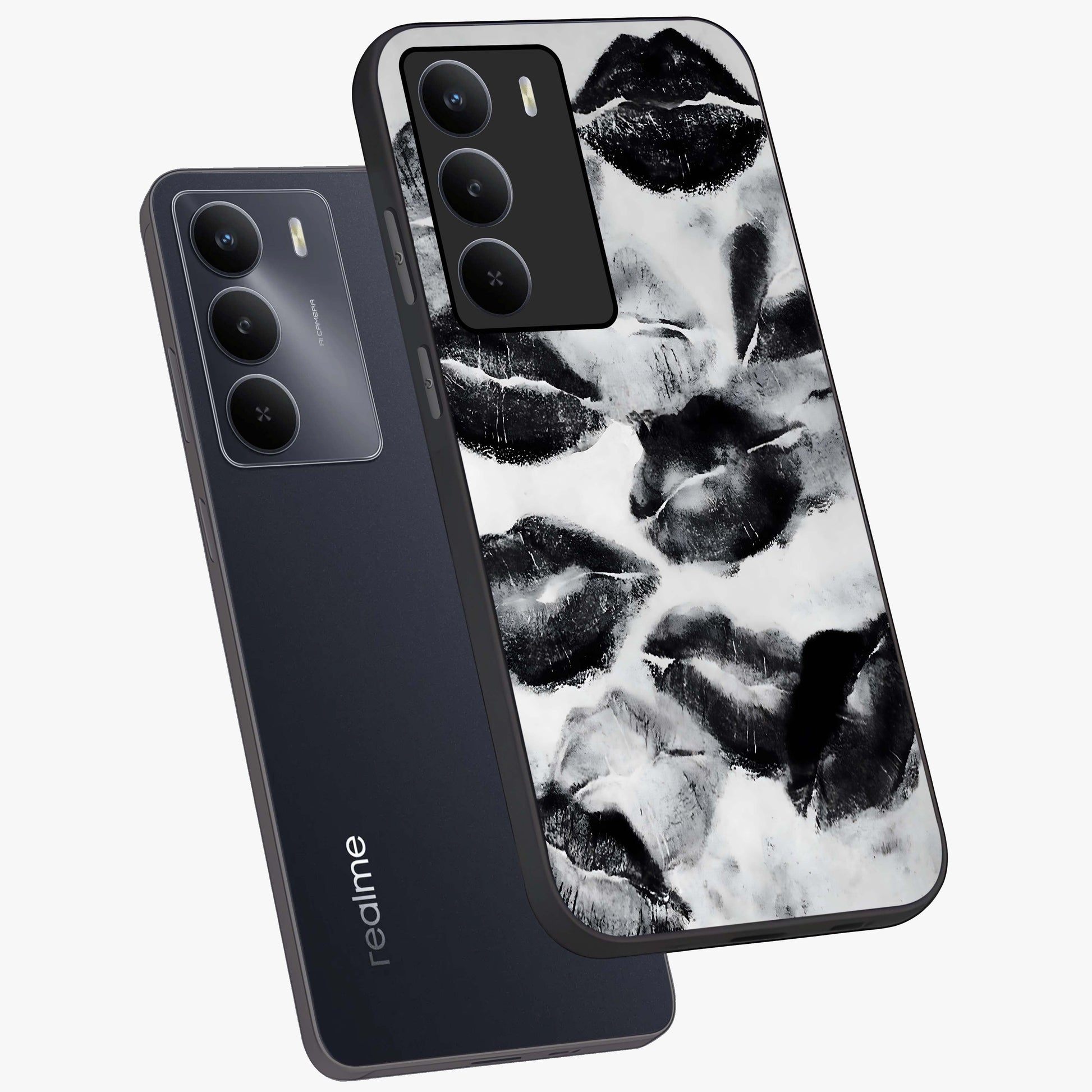 Midnight Kiss Marks Glass Case displayed in angled mockup highlighting playful romantic design with bold midnight aesthetic.