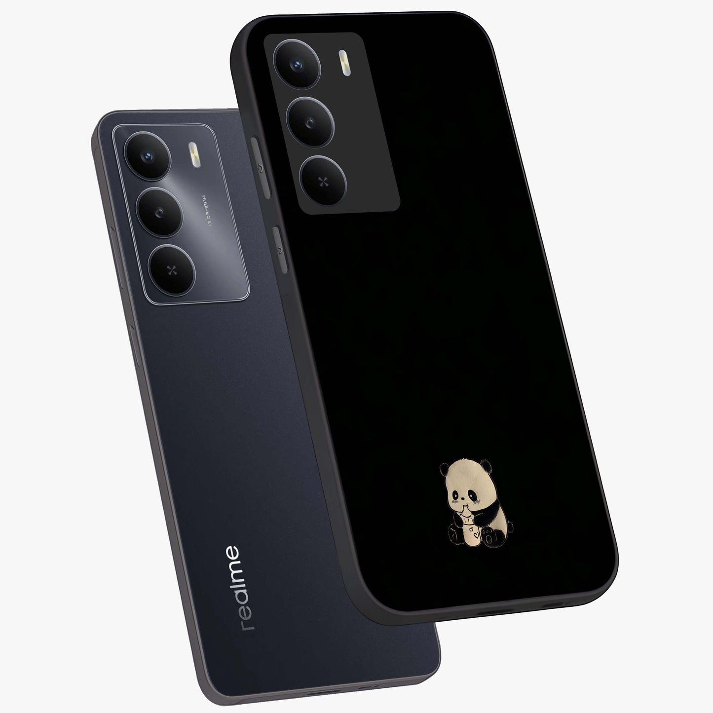 Midnight Panda Love Glass Case displayed in angled mockup highlighting adorable panda illustration with midnight aesthetic.