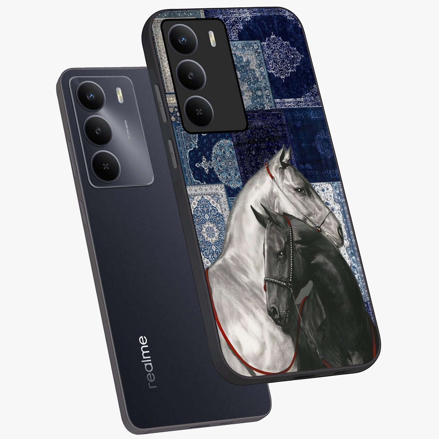 Midnight Stallion Blues Glass Case displayed in angled mockup highlighting powerful stallion illustration with deep midnight tones.