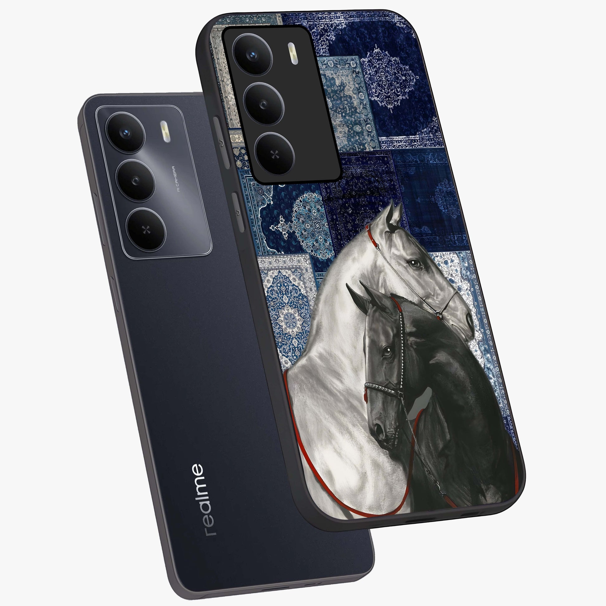 Midnight Stallion Blues Glass Case displayed in angled mockup highlighting powerful stallion illustration with deep midnight tones.