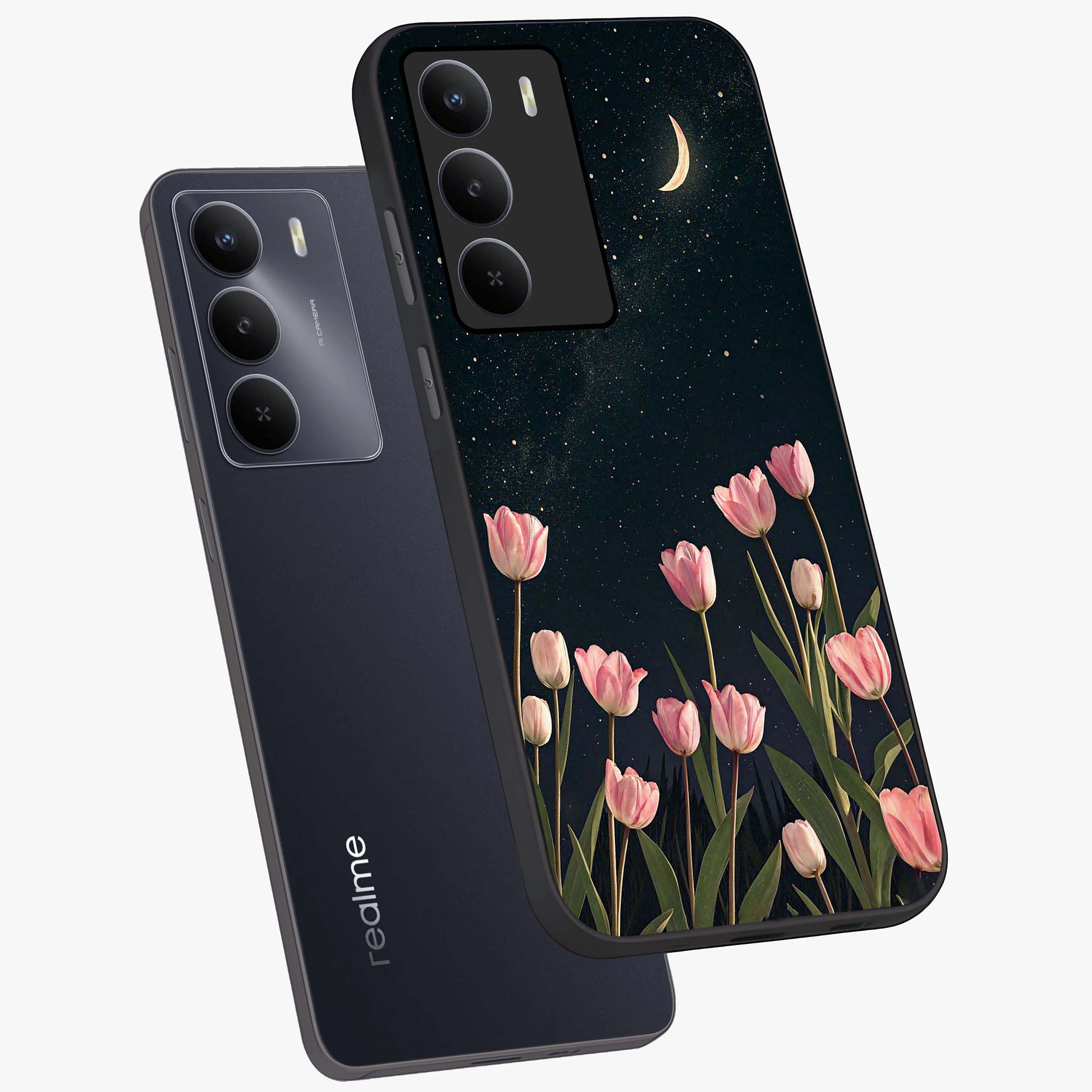 Midnight Tulip Whispers Vibe Glass Case displayed in angled mockup highlighting delicate tulip design with midnight floral aesthetic.