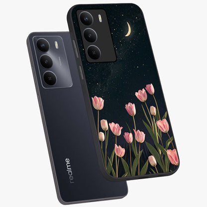 Midnight Tulip Whispers Vibe Glass Case displayed in angled mockup highlighting delicate tulip design with midnight floral aesthetic.