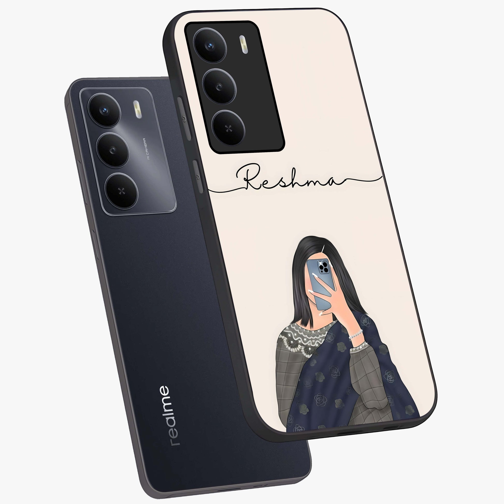 Mirror Mood Muse With Custom Name Glass Case displayed in angled mockup highlighting aesthetic mirror inspired design with custom name feature.