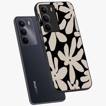 Monochrome Petal Dance Glass Case displayed in angled mockup highlighting elegant petal design with black and white aesthetic.