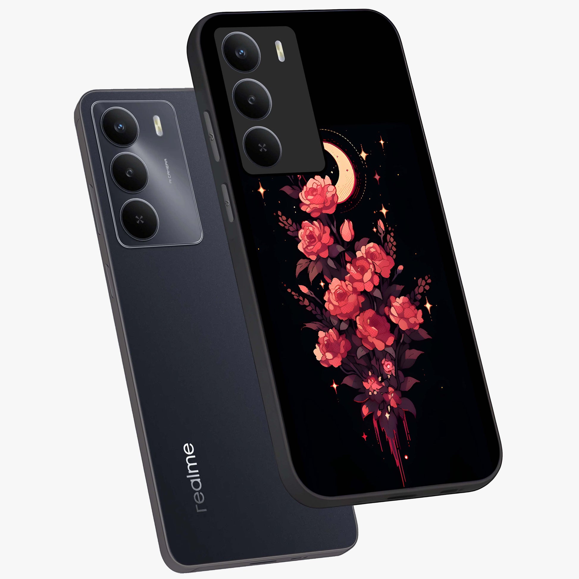 Moonlit Floral Elegance Glass Case displayed in angled mockup highlighting graceful flower design with soft moonlight aesthetic.