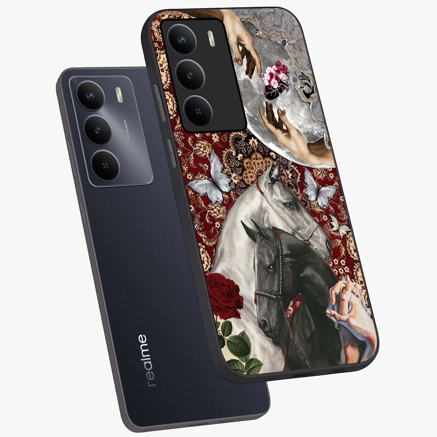 Moonlit Royal Stallion Glass Case displayed in angled mockup highlighting powerful stallion illustration with royal night aesthetic.
