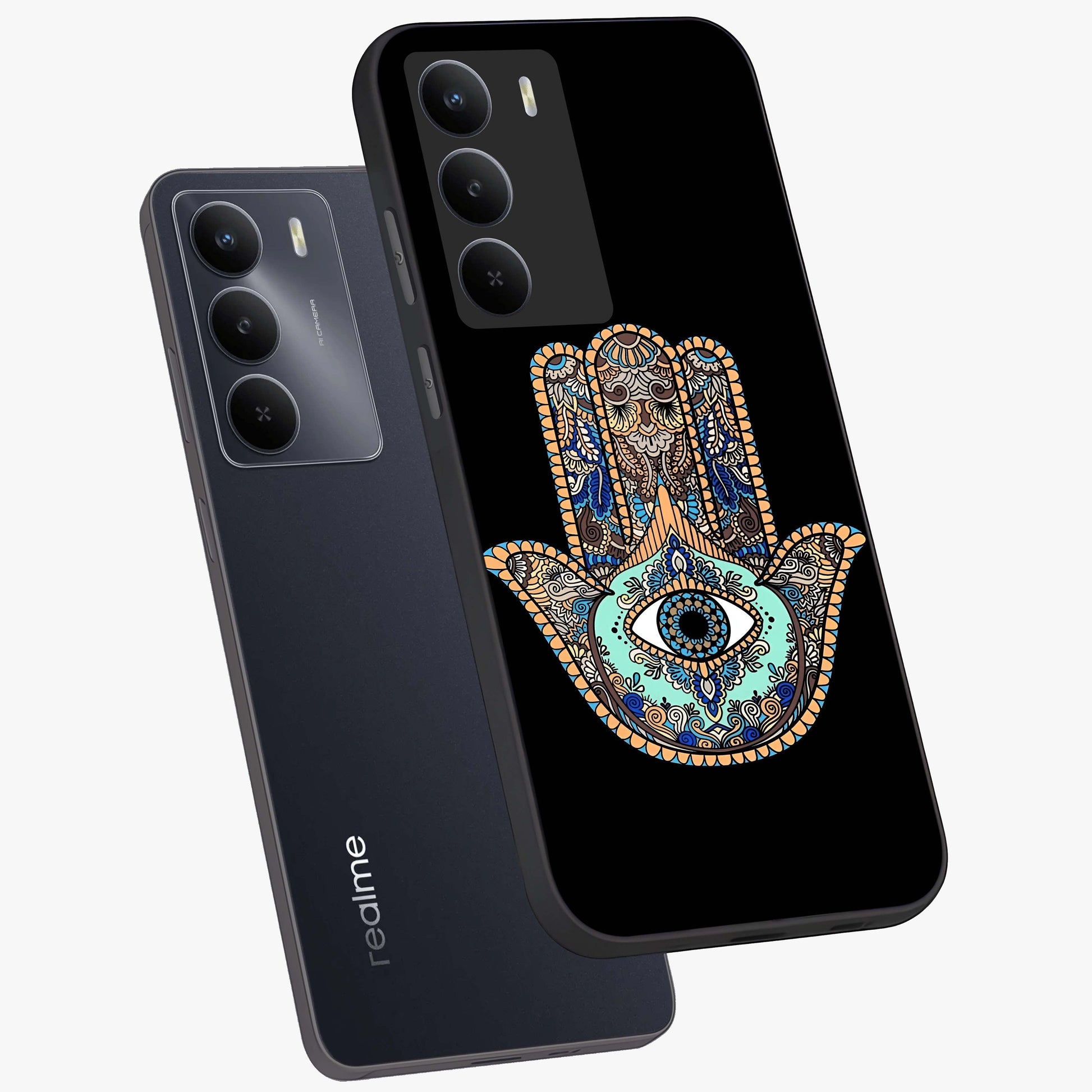 Mystic Hamsa Eye Glass Case displayed in angled mockup highlighting spiritual hamsa symbol with mystical aesthetic style.