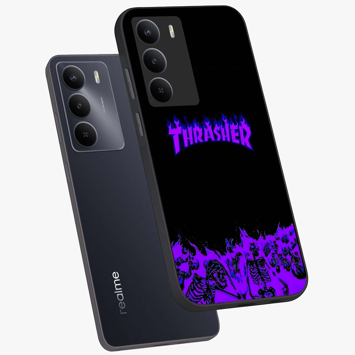 Neon Flame Riot Glass Case displayed in angled mockup highlighting glowing flame design with vibrant neon aesthetic.