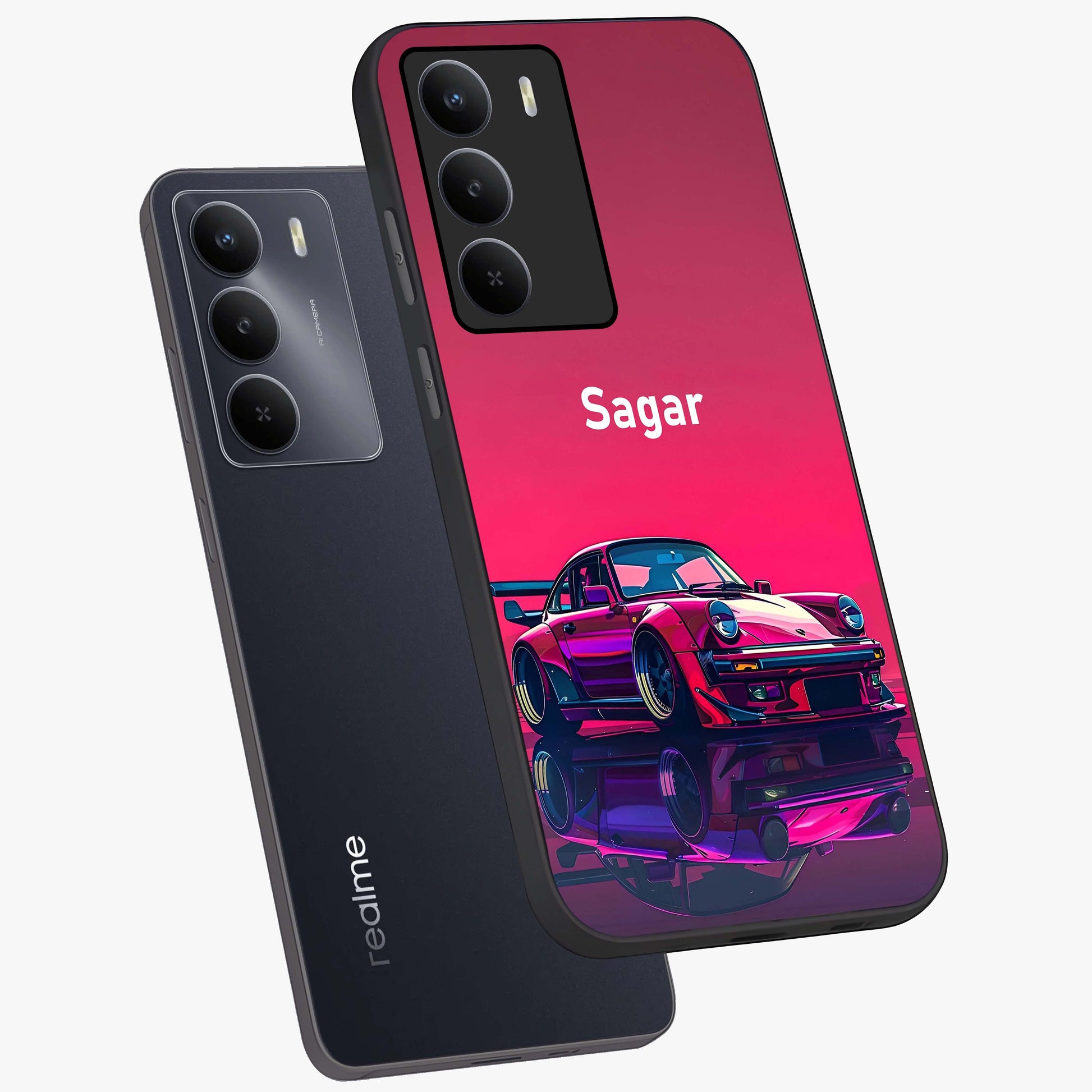 Neon Pink Porsche Glass Case displayed in angled mockup highlighting sleek neon pink car design with racing aesthetic.