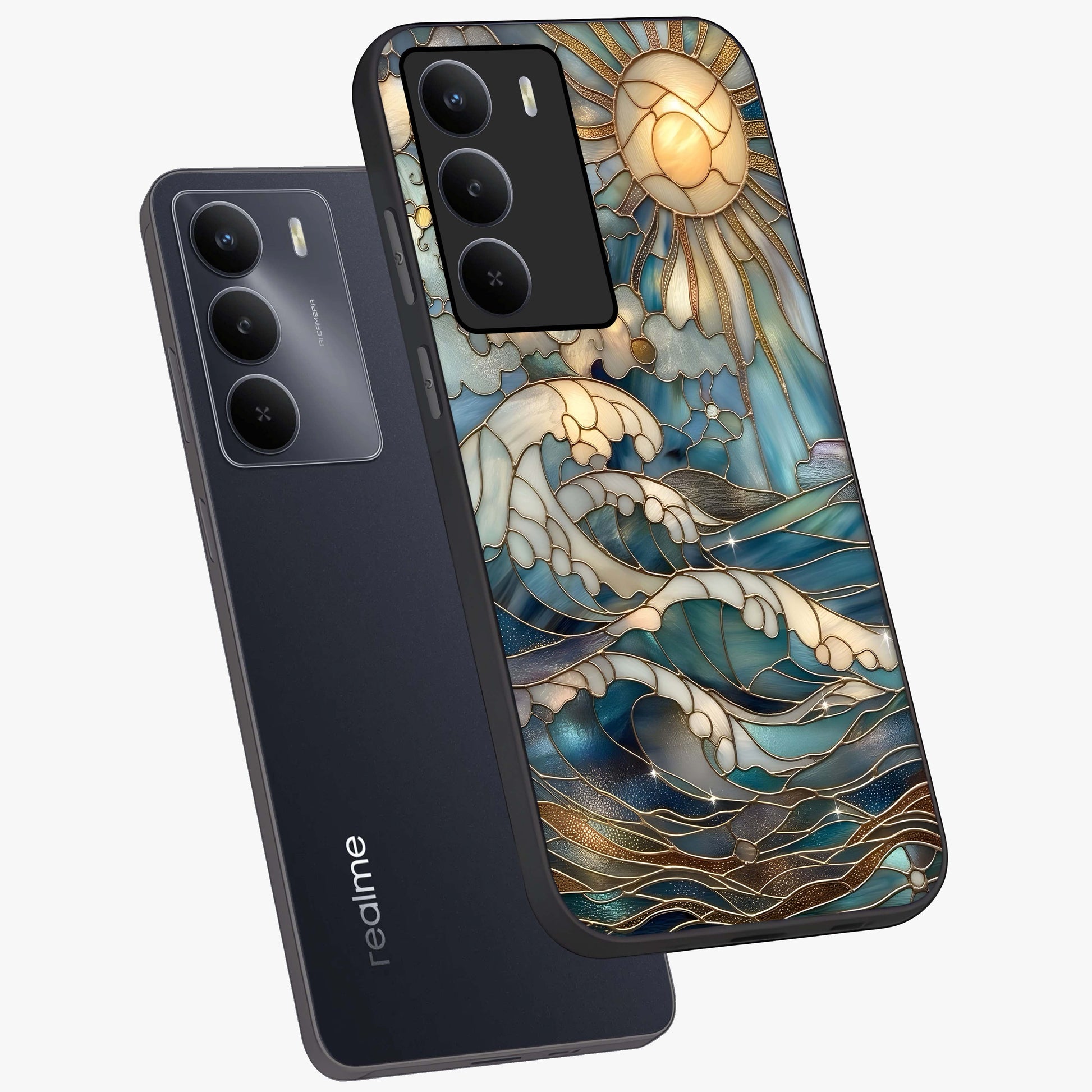 Oceanic Stained Printed Glass Case displayed in angled mockup highlighting colorful aquatic design with artistic aesthetic style.