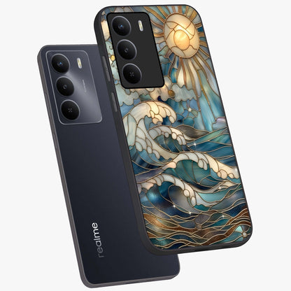 Oceanic Stained Printed Glass Case displayed in angled mockup highlighting colorful aquatic design with artistic aesthetic style.