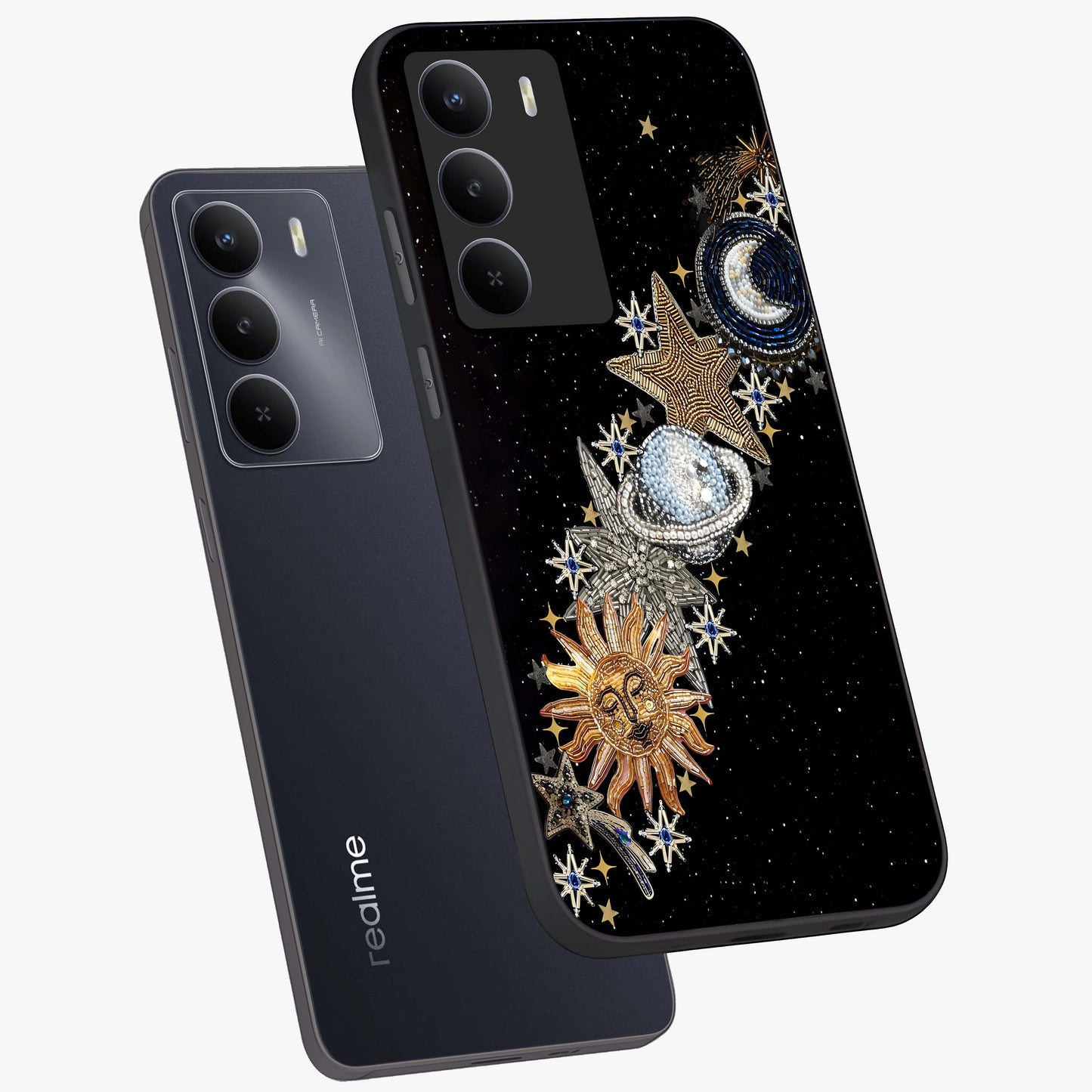 Pearls Universe Object Glass Case displayed in angled mockup highlighting celestial pearl design with dreamy aesthetic.