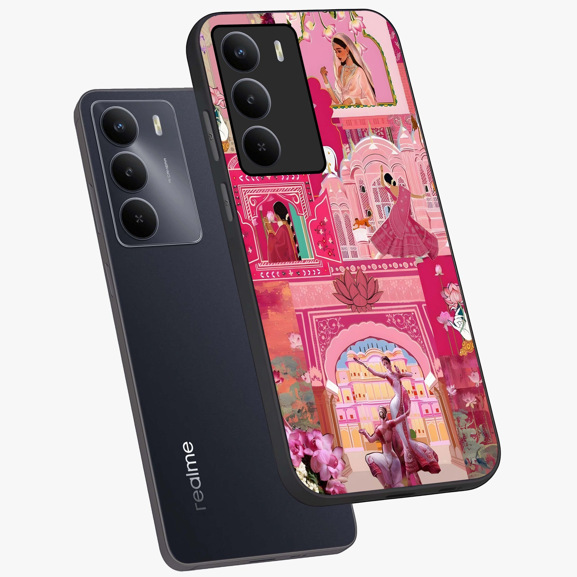 Pink Palace Muse Glass Case displayed in angled mockup highlighting dreamy palace illustration with soft pink aesthetic.