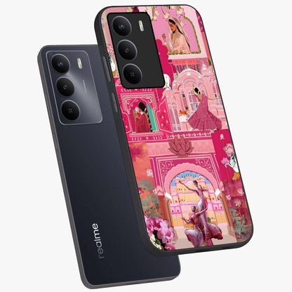 Pink Palace Muse Glass Case displayed in angled mockup highlighting dreamy palace illustration with soft pink aesthetic.
