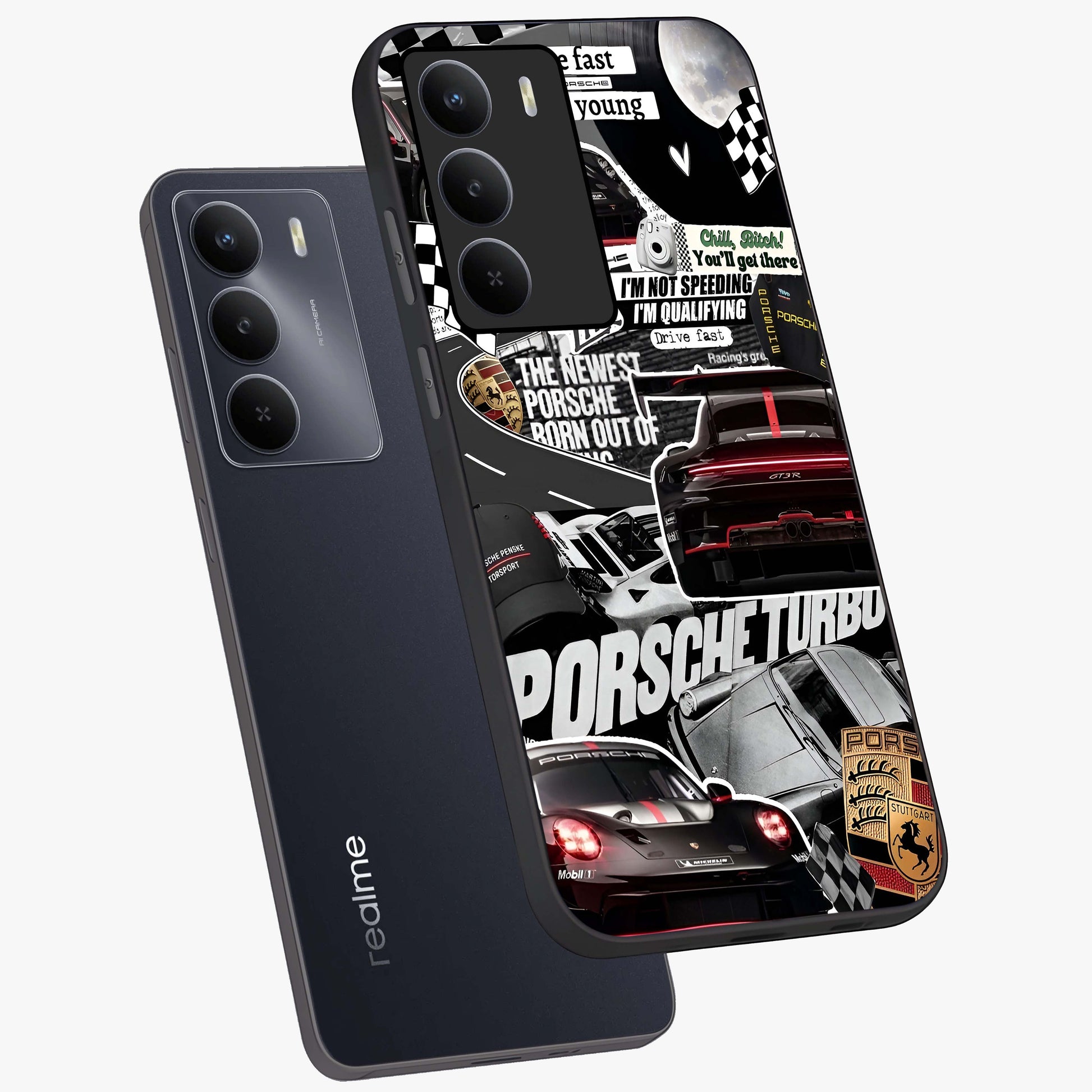 Porsche Racing Collage Glass Case displayed in angled mockup highlighting dynamic automotive design with bold racing aesthetic.