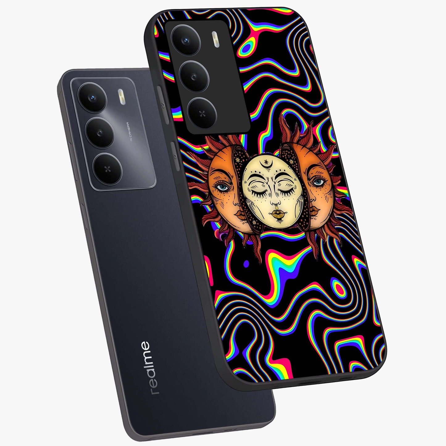 Psychedelic Sun Glass Case displayed in angled mockup highlighting vibrant abstract sun design with artistic aesthetic style.