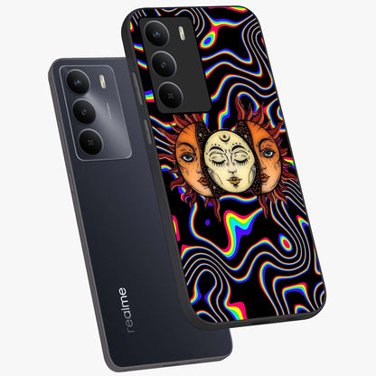 Psychedelic Sun Glass Case displayed in angled mockup highlighting vibrant abstract sun design with artistic aesthetic style.