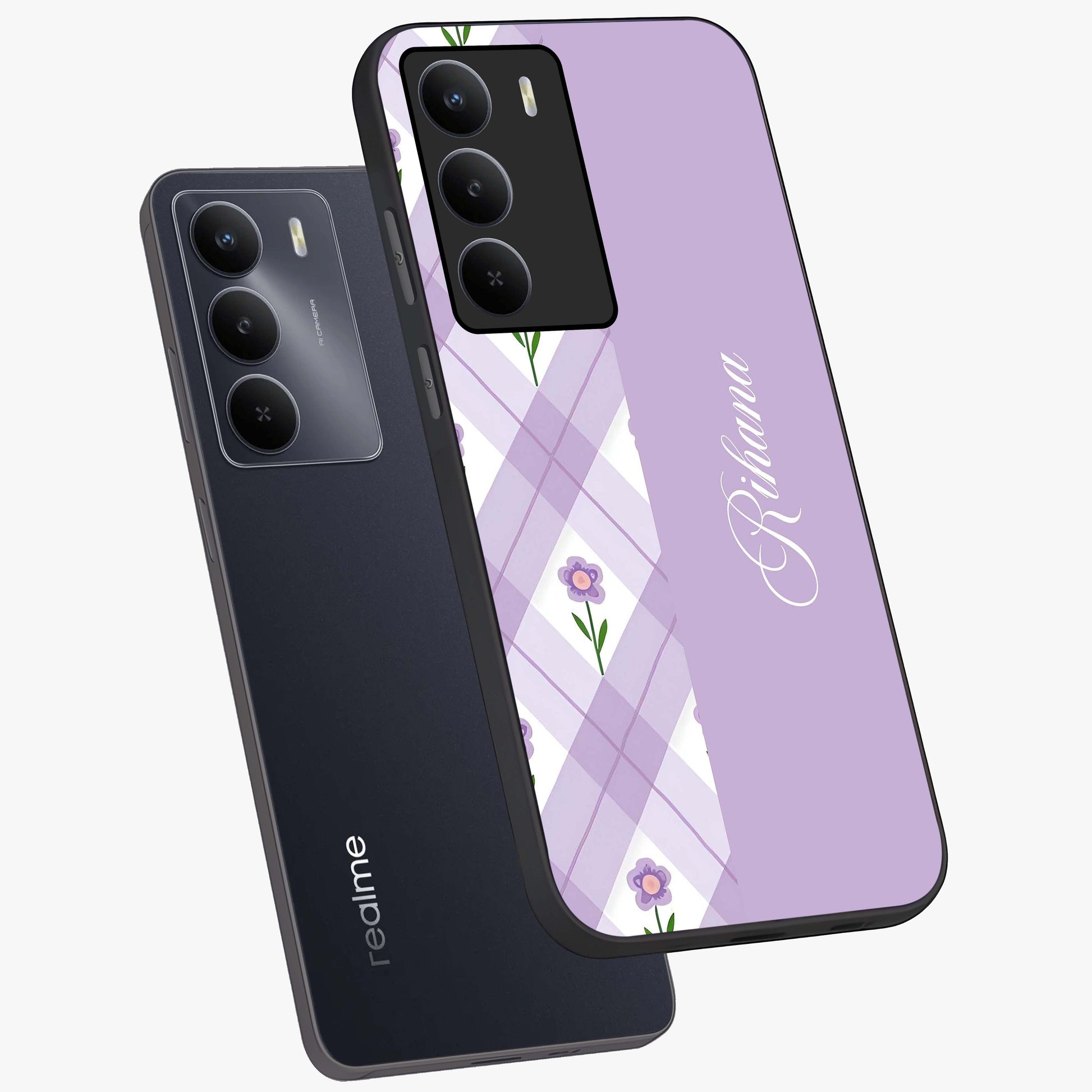 Purple Diamond Floral Glass Case displayed in angled mockup highlighting elegant purple flower design with decorative pattern.