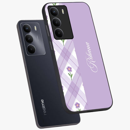Purple Diamond Floral Glass Case displayed in angled mockup highlighting elegant purple flower design with decorative pattern.