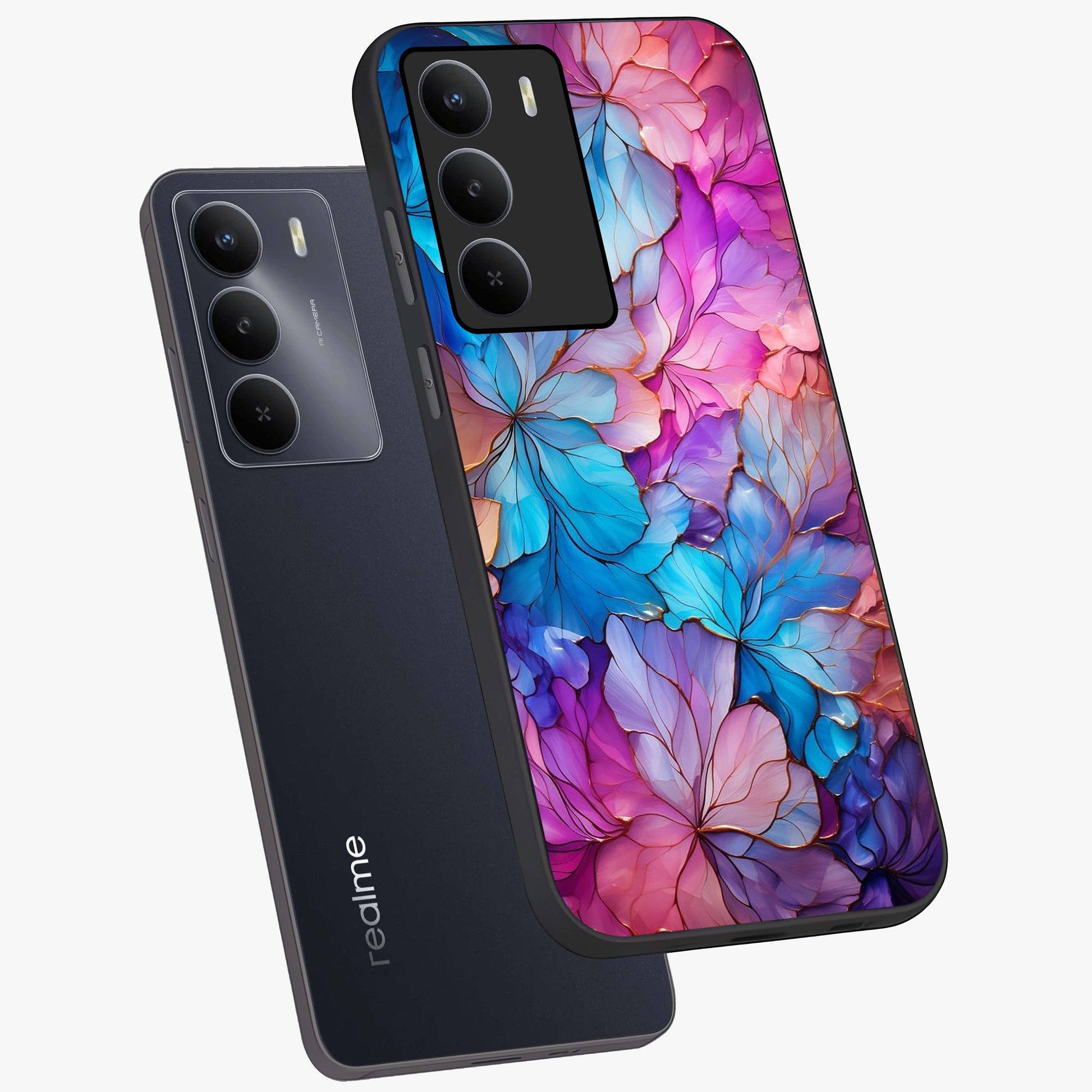Radiant Floral Whirl Glass Case displayed in angled mockup highlighting vibrant flower pattern with dynamic artistic aesthetic.