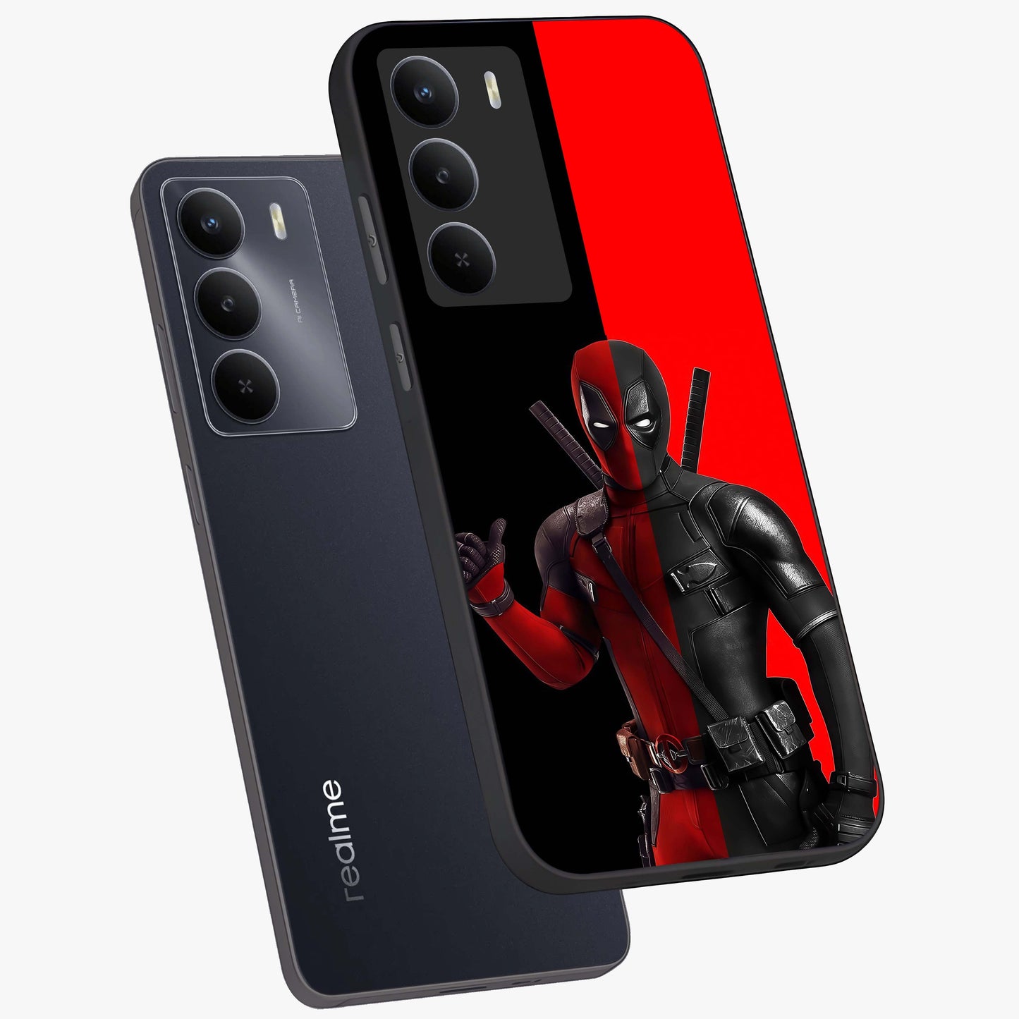 Red & Black Deadpool Theme Glass Case displayed in angled mockup highlighting vibrant superhero style illustration with action aesthetic.