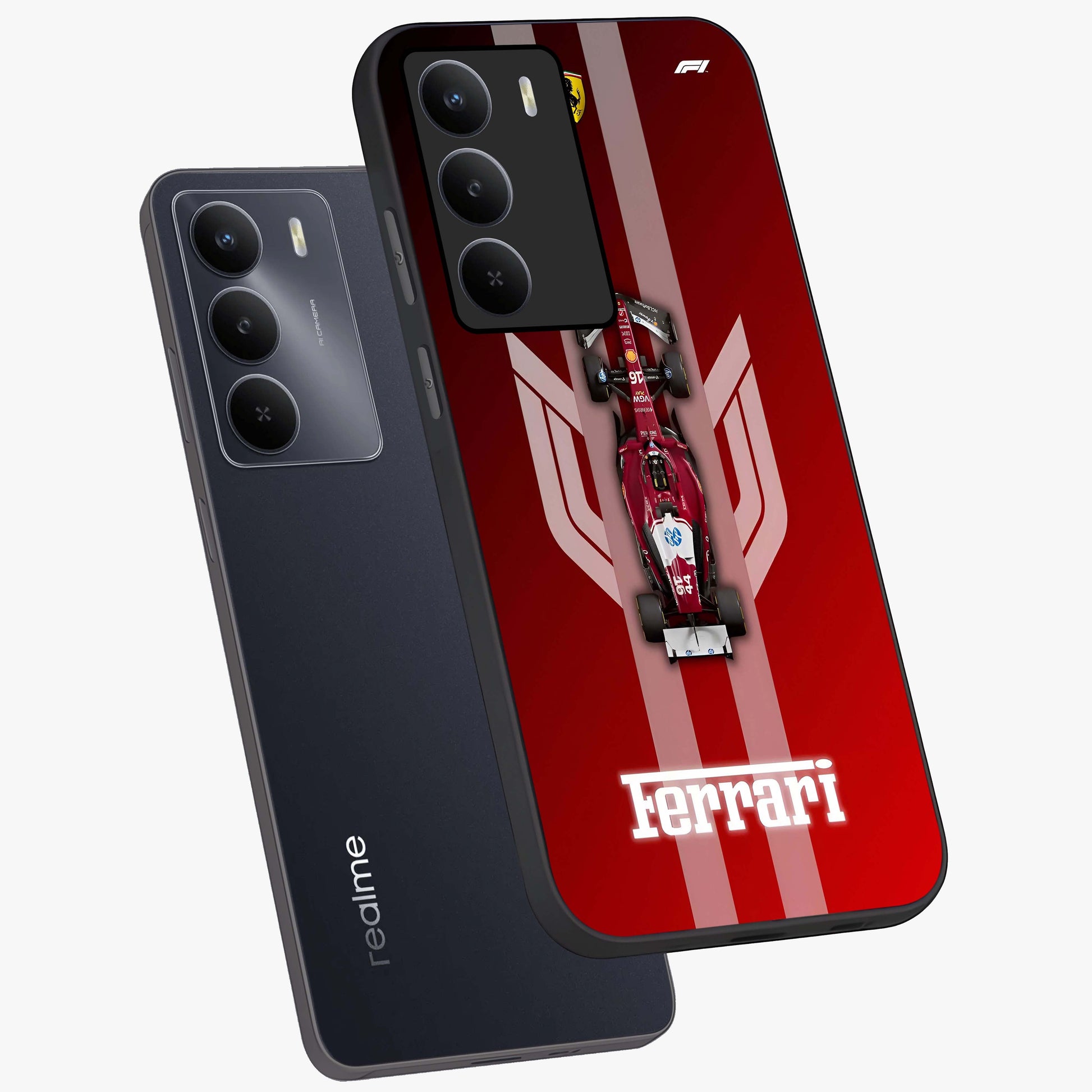 Red Ferrari F1 Vertical Glass Case displayed in angled mockup highlighting high speed racing design with bold automotive aesthetic.