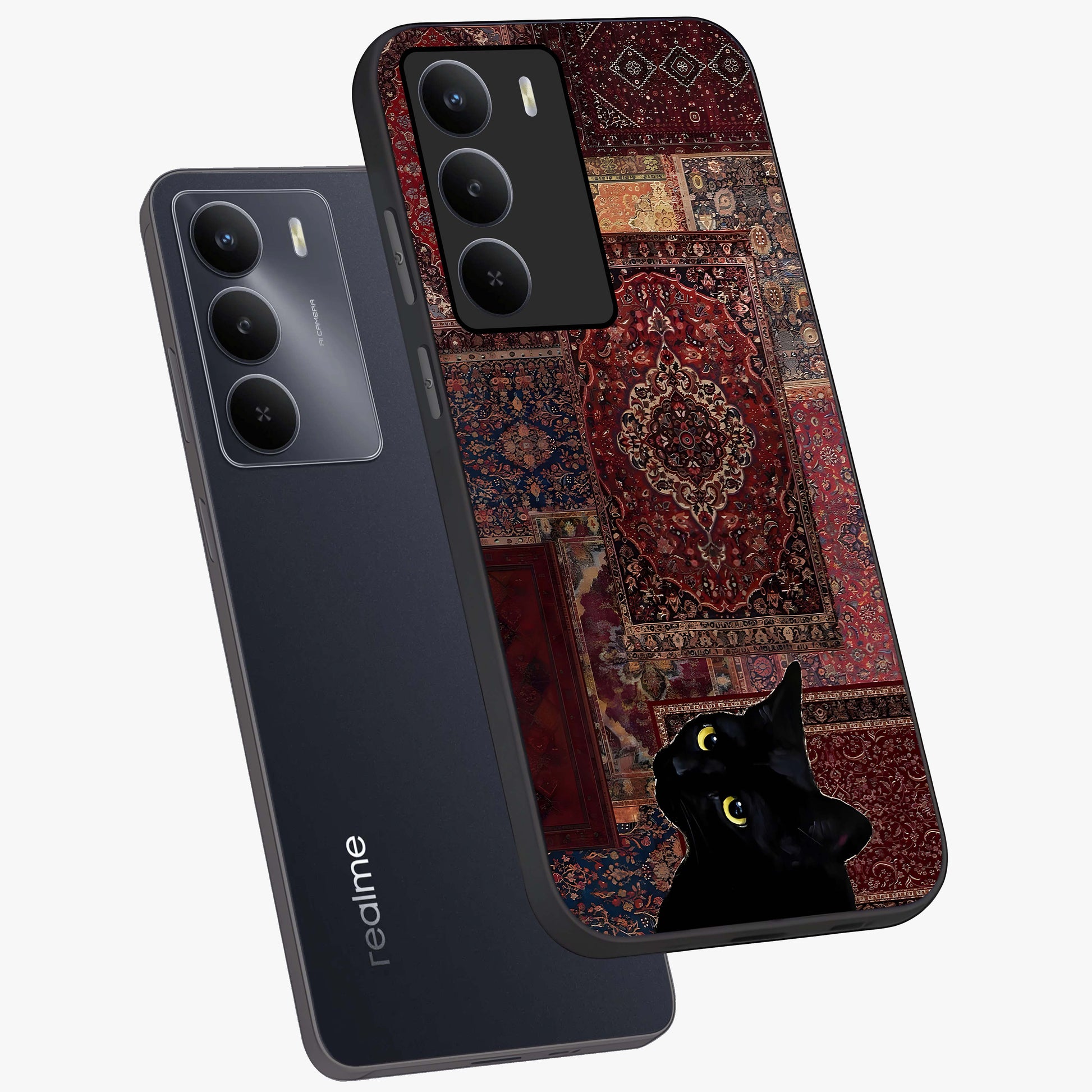 Regal Magic Cat Apple Glass Case displayed in angled mockup highlighting whimsical feline design with fantasy aesthetic.