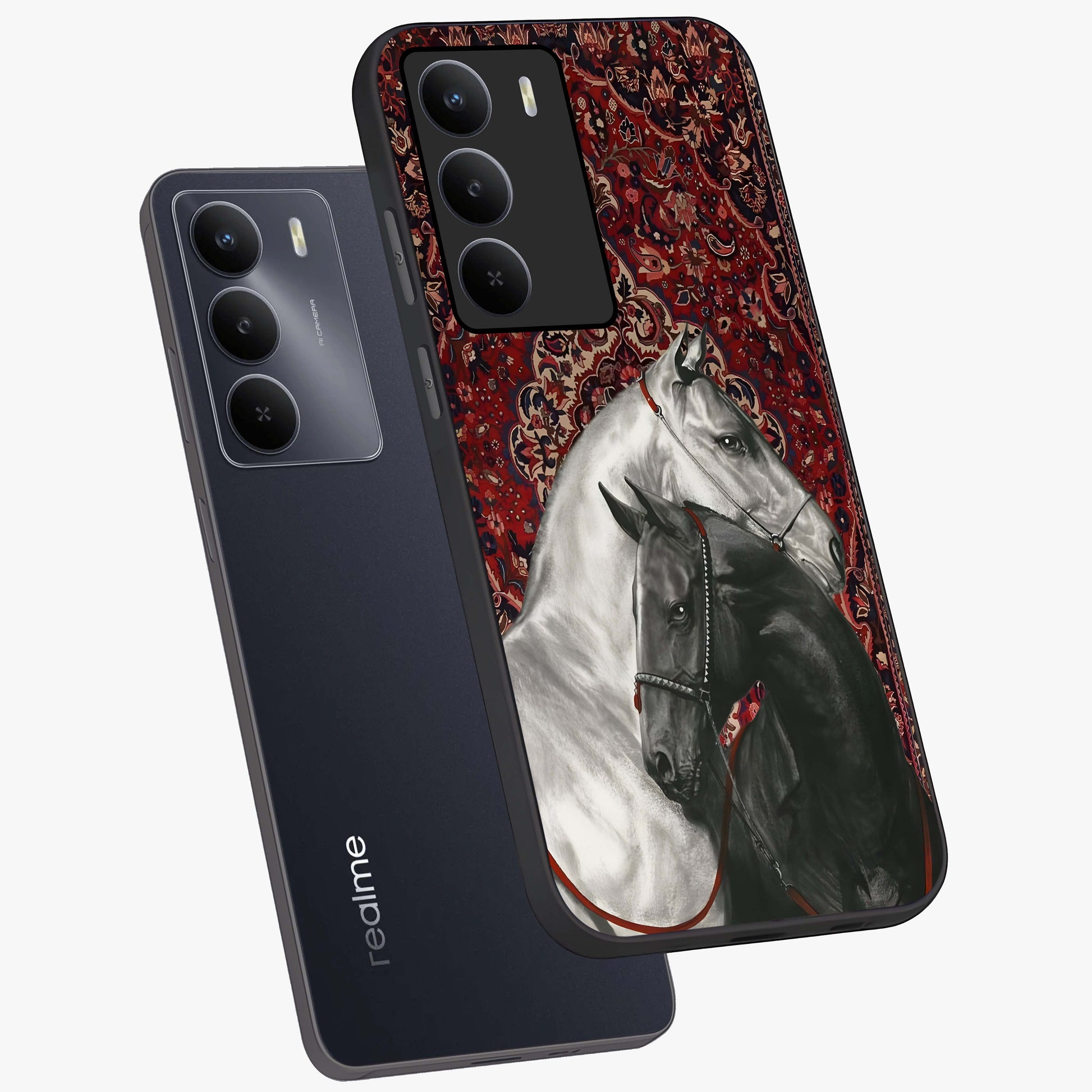 Regal Stallion Tapestry Glass Case displayed in angled mockup highlighting royal stallion design with decorative heritage aesthetic.
