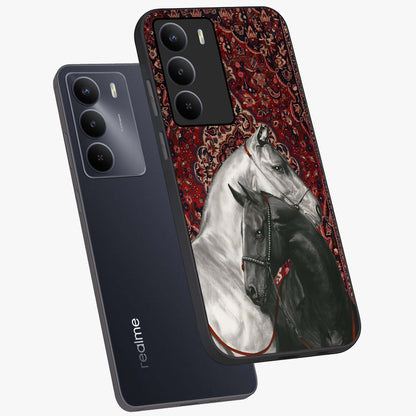 Regal Stallion Tapestry Glass Case displayed in angled mockup highlighting royal stallion design with decorative heritage aesthetic.