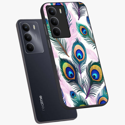 Royal Peacock Feathers Glass Case displayed in angled mockup highlighting vibrant feather pattern with regal aesthetic style.