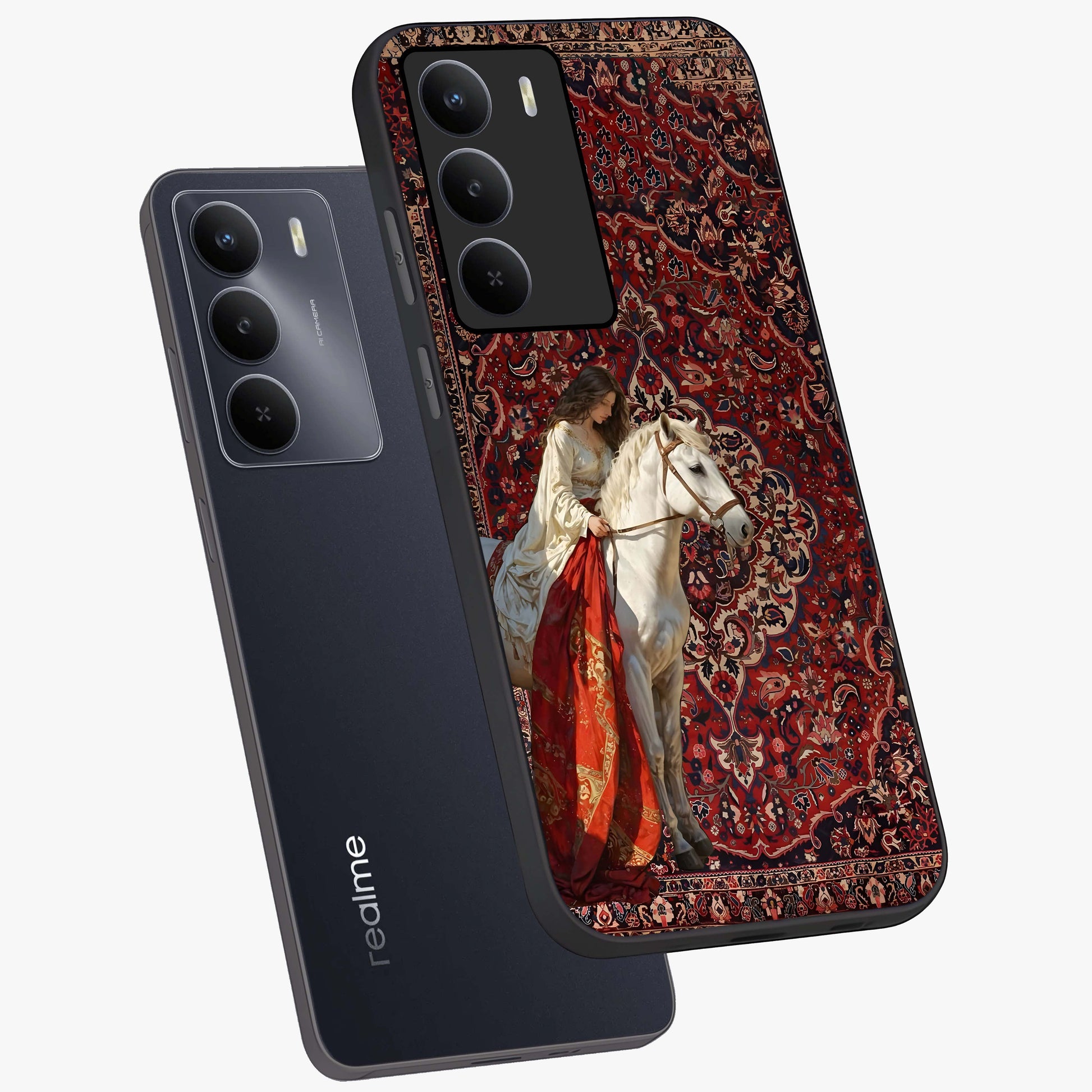 Royal Rider Tapestry Glass Case displayed in angled mockup highlighting traditional tapestry design with royal heritage aesthetic.