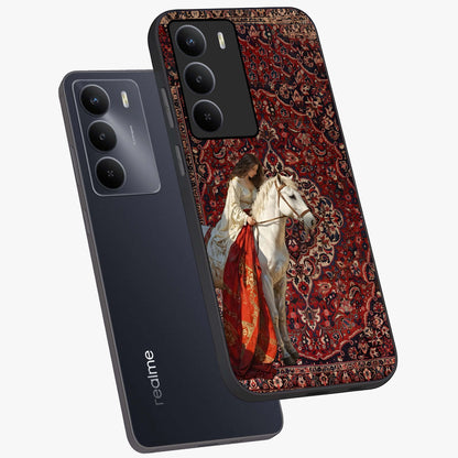 Royal Rider Tapestry Glass Case displayed in angled mockup highlighting traditional tapestry design with royal heritage aesthetic.