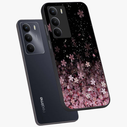 Small Starry Flowers Glass Case displayed in angled mockup highlighting tiny flower pattern with celestial aesthetic style.