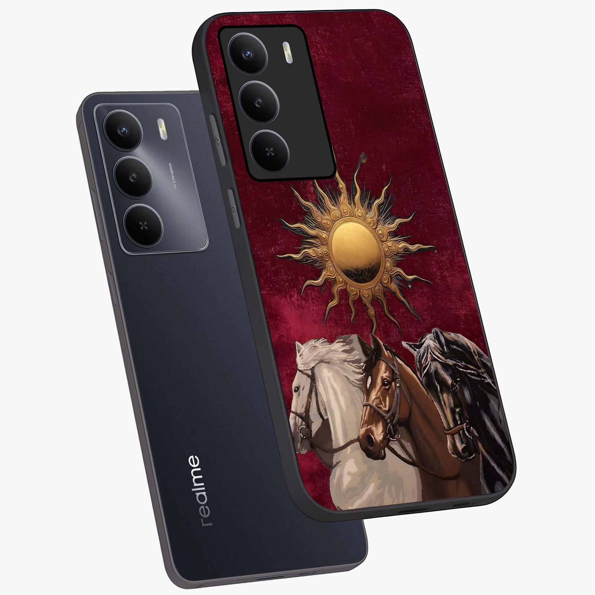 Solar Riders Glass Case displayed in angled mockup highlighting powerful rider illustration with radiant solar aesthetic.