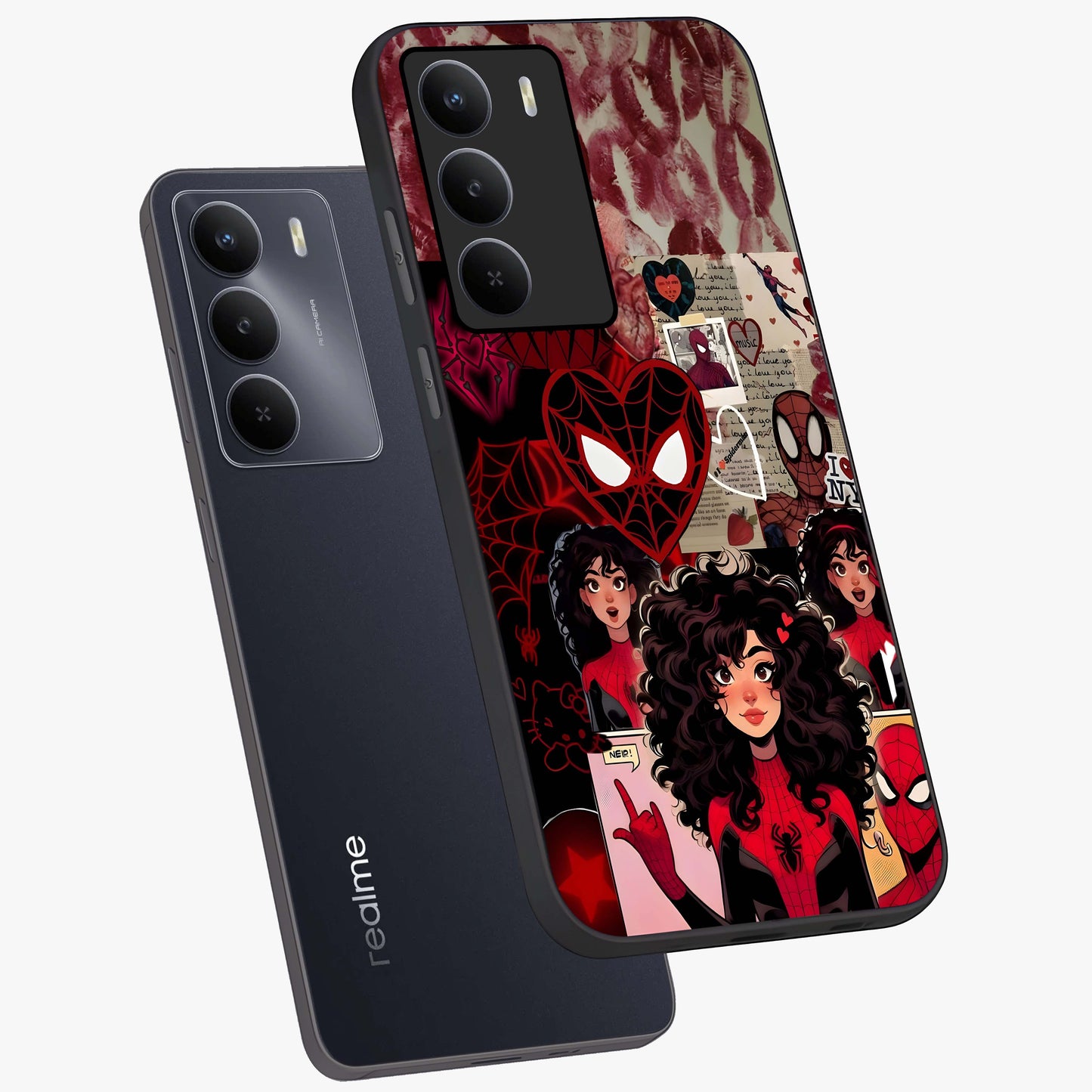 Spider Love Story Glass Case displayed in angled mockup highlighting expressive comic inspired design with playful aesthetic.